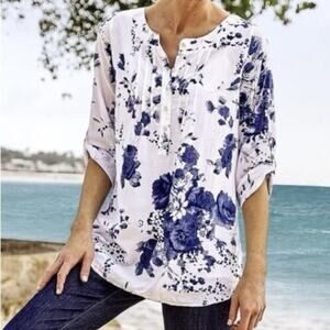 Soft Surroundings Blue Floral Long Sleeve Top Small NWOT